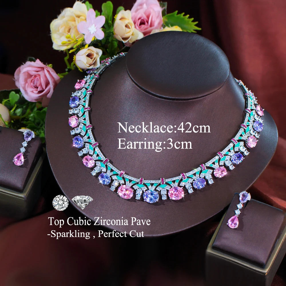 Graceful Pink and Purple Oval Cut Shape Cubuic Zirconia Green Enamel Statement Jewelry Set for Women Evening Prom Jewelry Gift