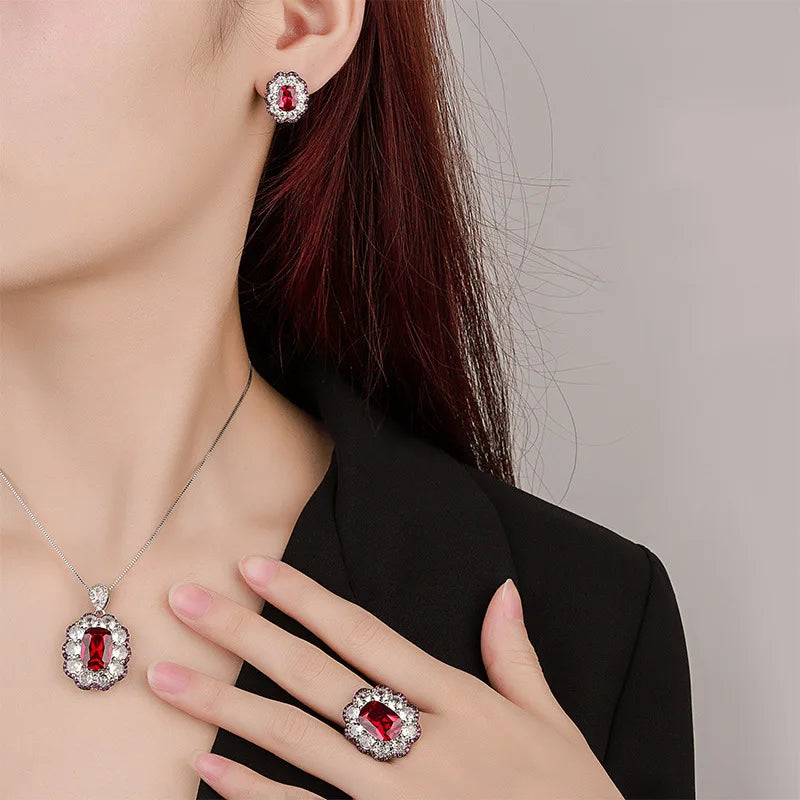 Gemfiori New Product Temperament Korean Luxury Group Set with Zircon Pomegranate Red Pendant Earrings Adjustable Ring Fashionable Set