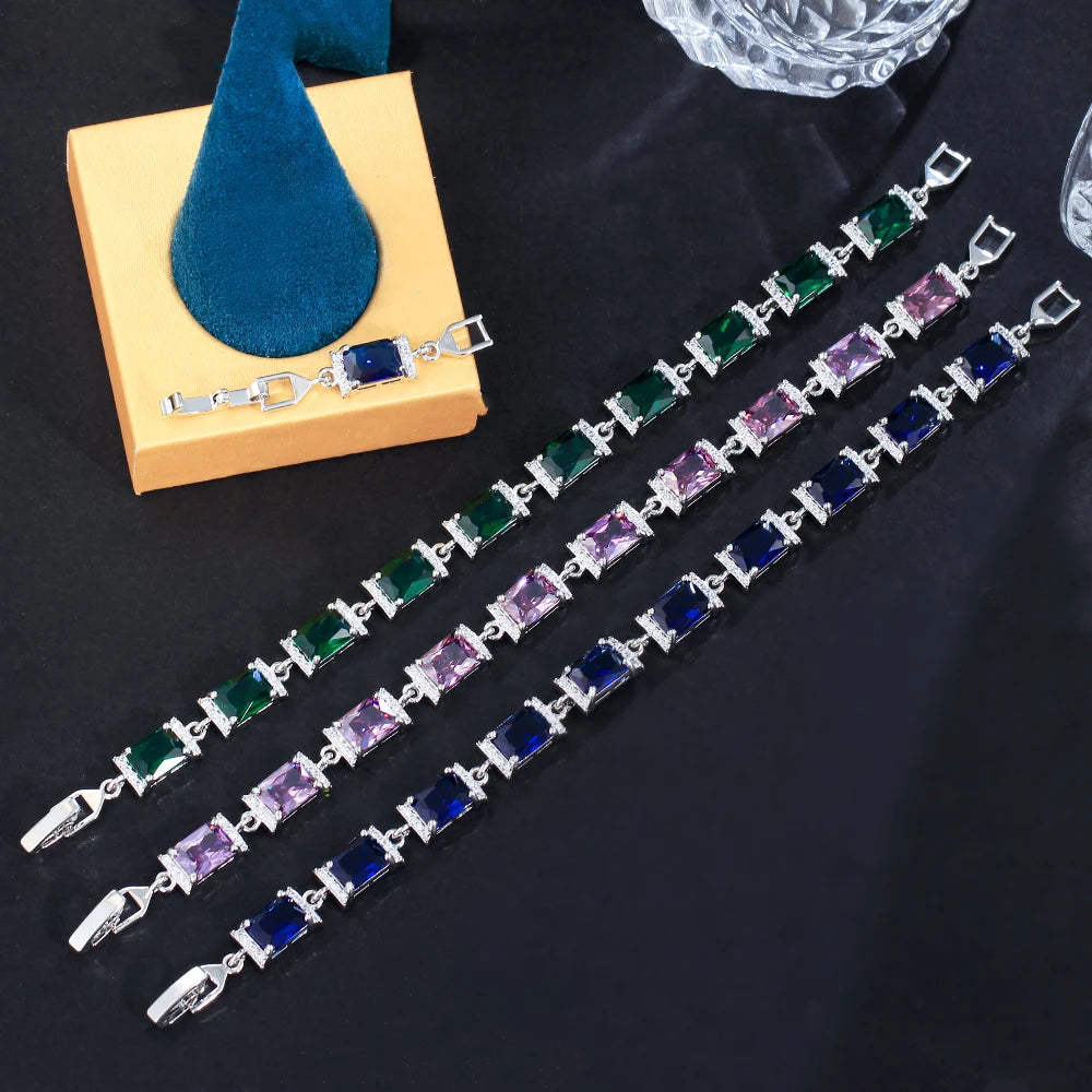 Gemfiori Glamorous Jewelry Gold Plated Rectangle Light Green Cubic Zirconia Anniversary Wedding Party Chain Link Bracelets for Women Man