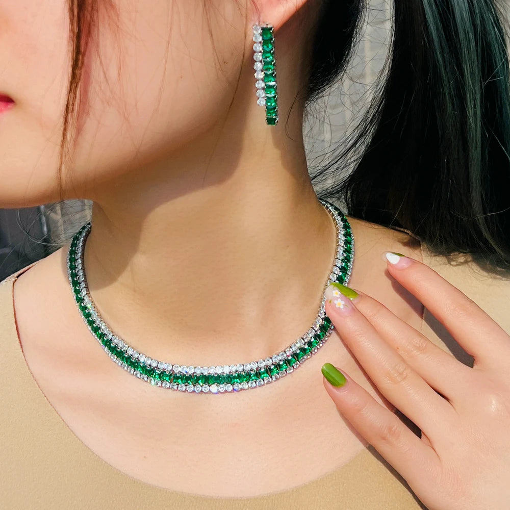Sparkly Multiple Green Cubic Zirconia Setting Silver Plated 2pcs Bridal Wedding Event Round Necklace and Earring Jewelry Sets
