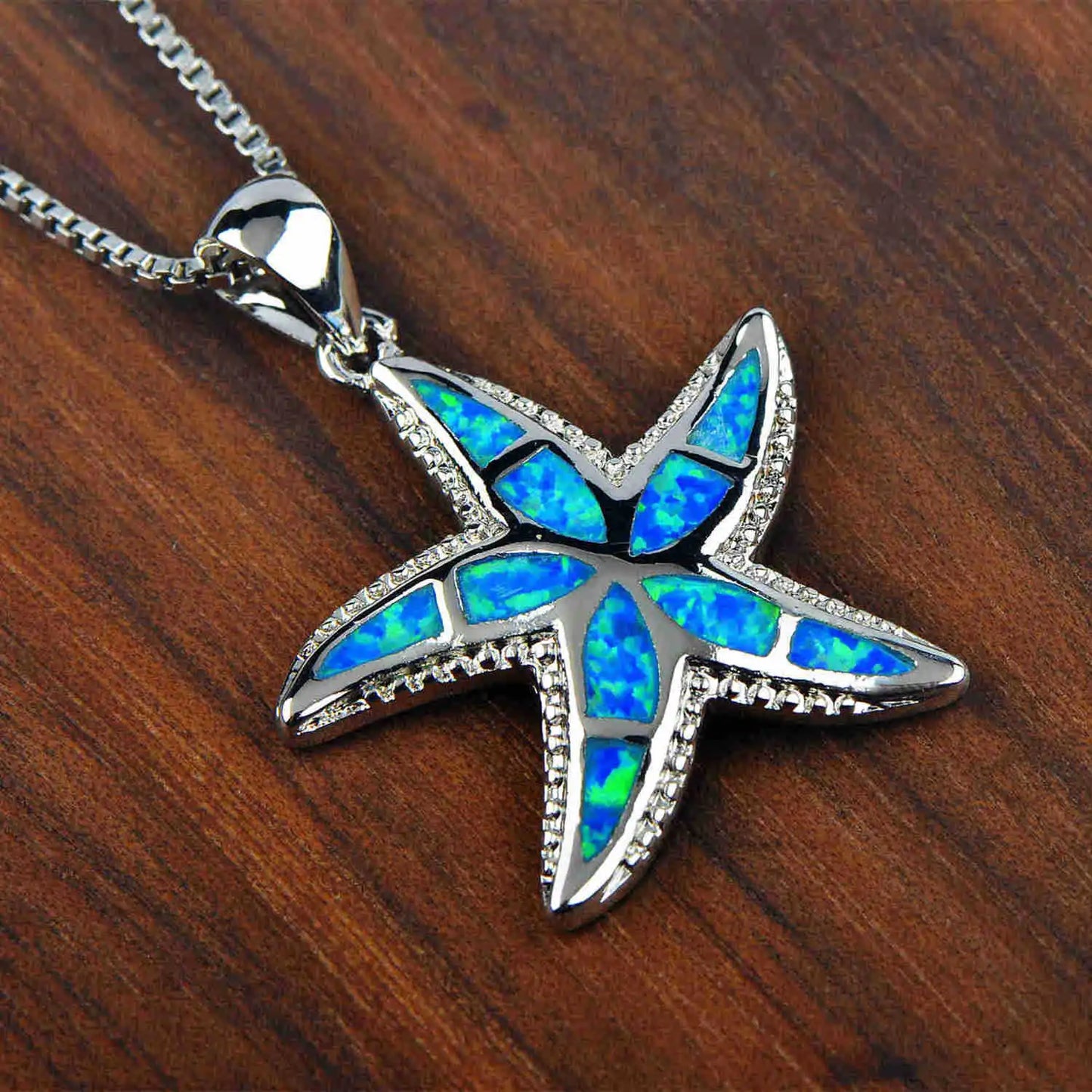 Aobao Fashionable Christian Summer Collarbone Sweater Chain Silver Plated Copper Blue Opal Starfish Necklace