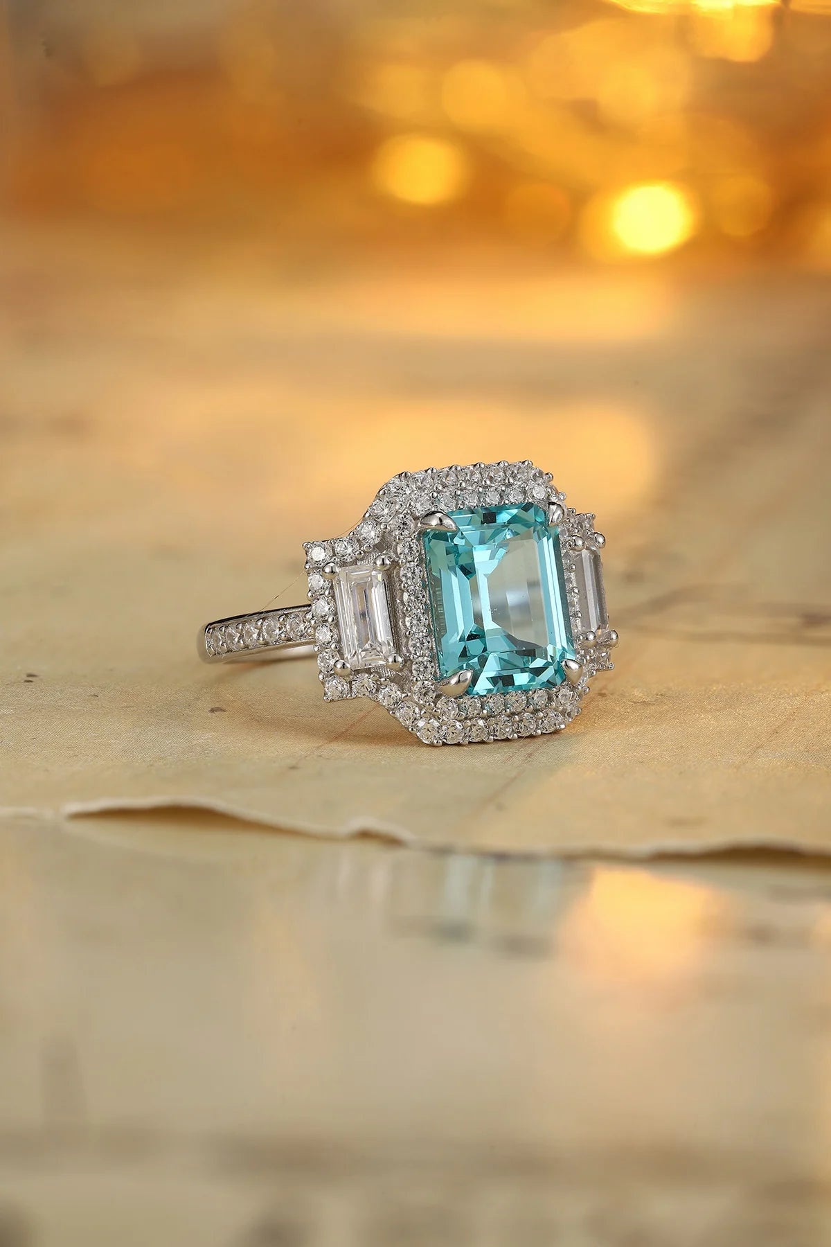 Gemfiori Vintage Lab Grown Paraiba Engagement Ring S925 Silver Rhodium Plated Prong Setting Vintage Wedding Ring for Her Charms