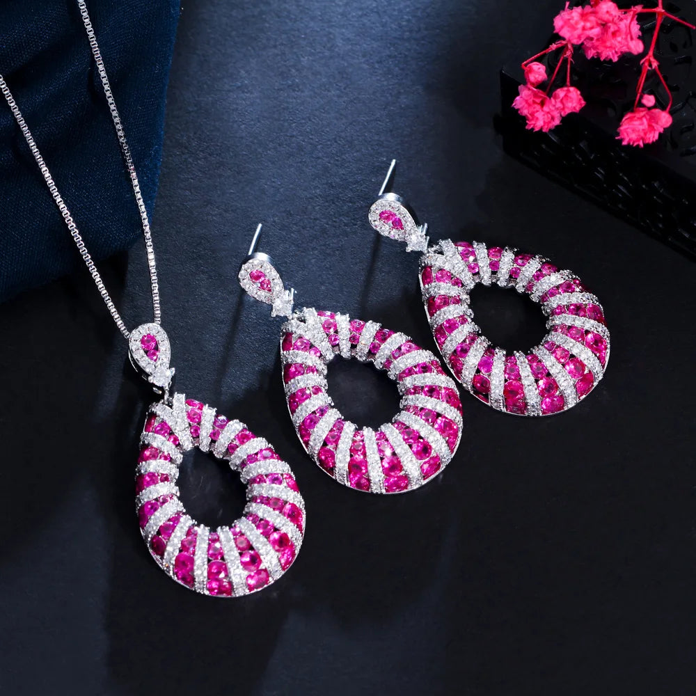 Micro Pave Excellent Fuchsia Red Cubic Zirconia Dangle Pendant Necklace Tear Drop Earring Jewelry Set for Women Festive Prom