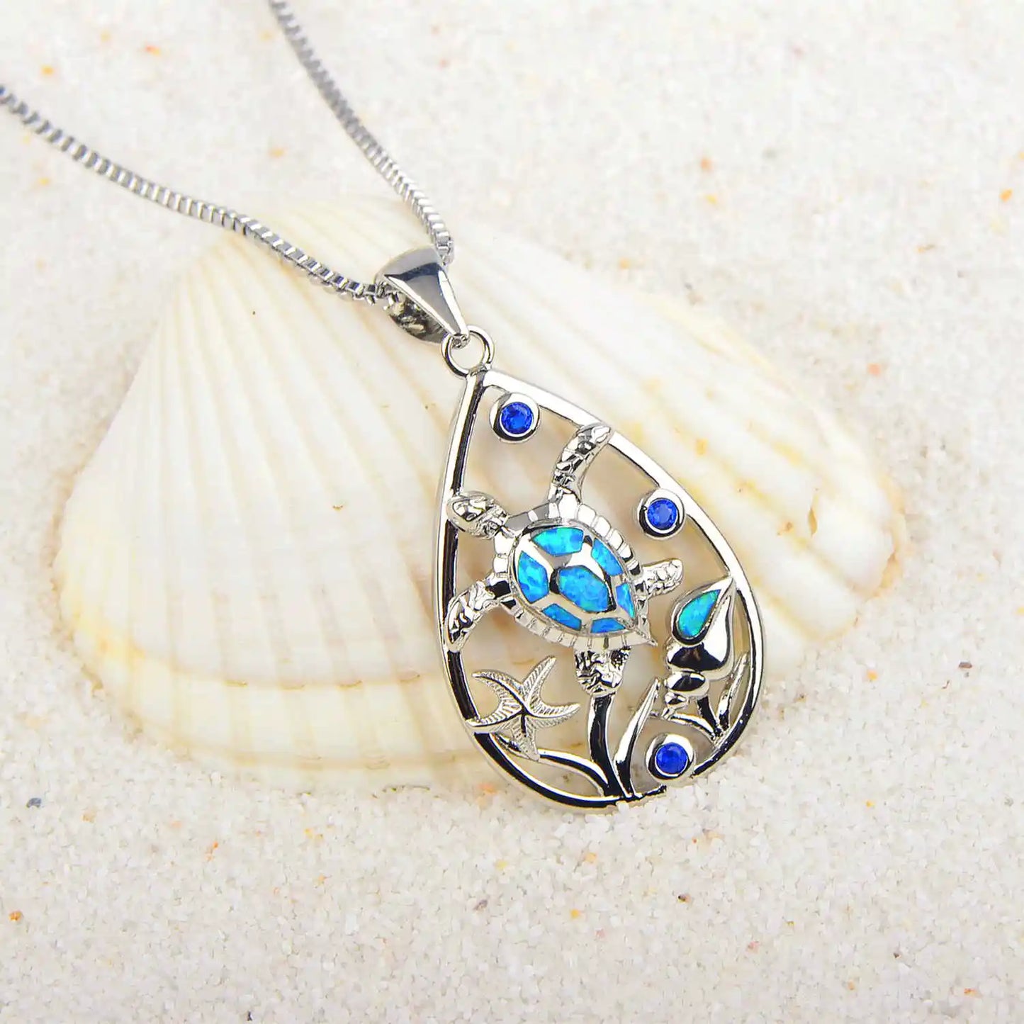sea turtle Silver Plated Copper Alloy Opal Lariat Necklace for Women Aobao