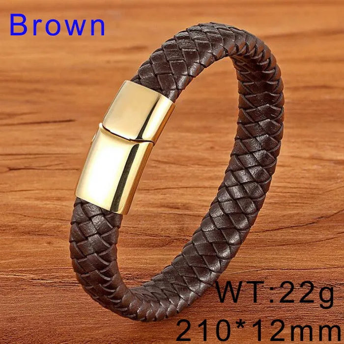 KALEN 13mm Width Men Mature Gold/Silver/Black Stainless Steel&Cowhide Leather Bracelet