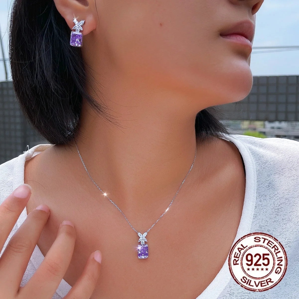 Sparkling High-carbon Crushed Ice Cut Cubic Zirconia S925 Sterling Silver Purple Jewelry Set for Women Wedding Party Jewelry