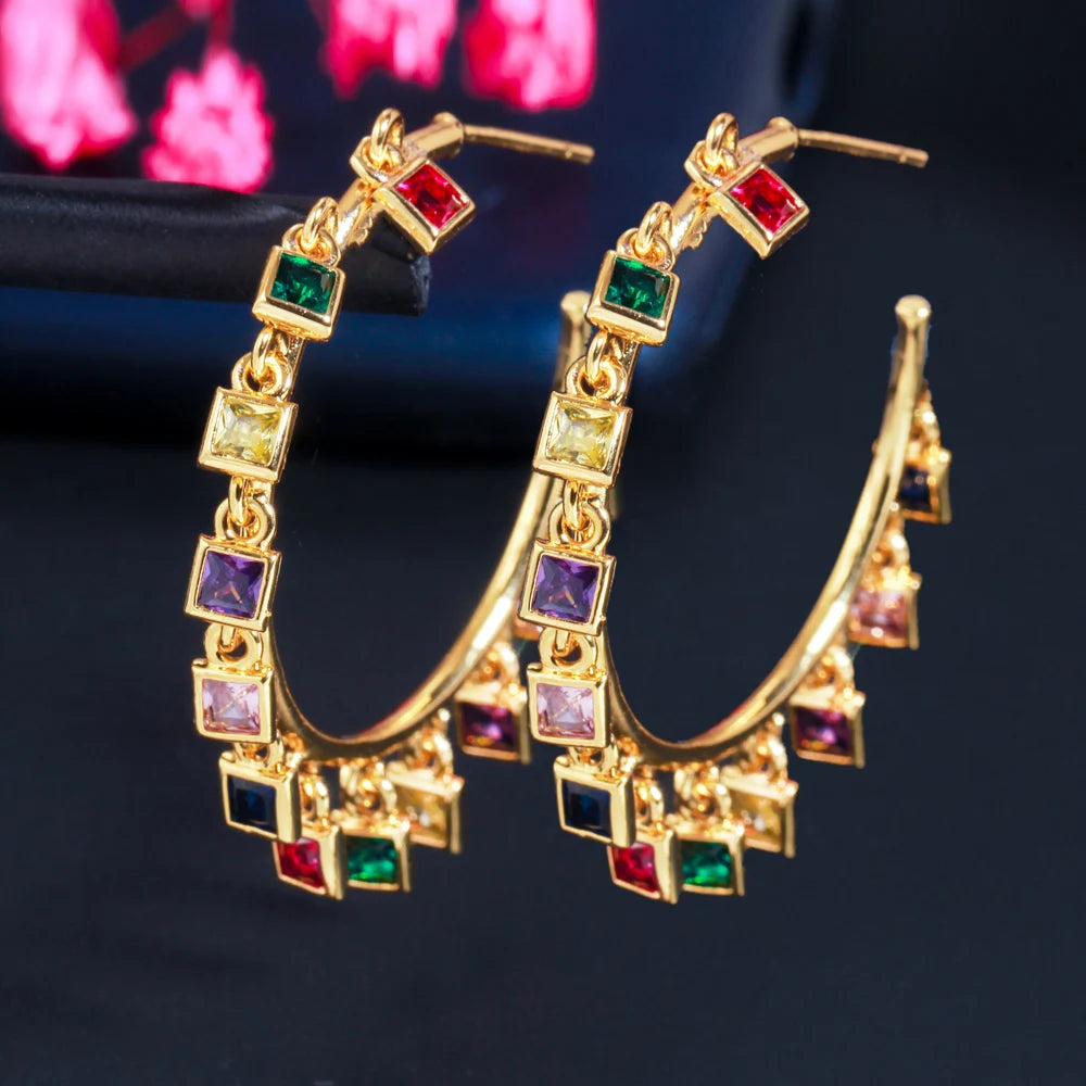 S&S Rainbow Square CZ Charm Hoop Earrings – 18K Gold Plated – Multi & White – Collection