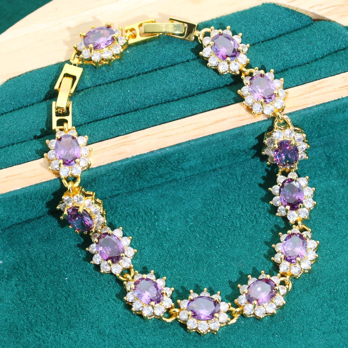 XOTICA Noble Purple Zircon Jewelry Set for Women Gold Bracelet Earrings Necklace Pendant Ring for Wedding or Date Birthday Gifts