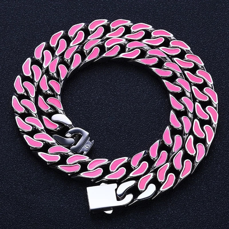 Hip Hop 12mm Colorful Oil Drop Stainless Steel Cuban Chain Niche Necklace Bracelet For Men
