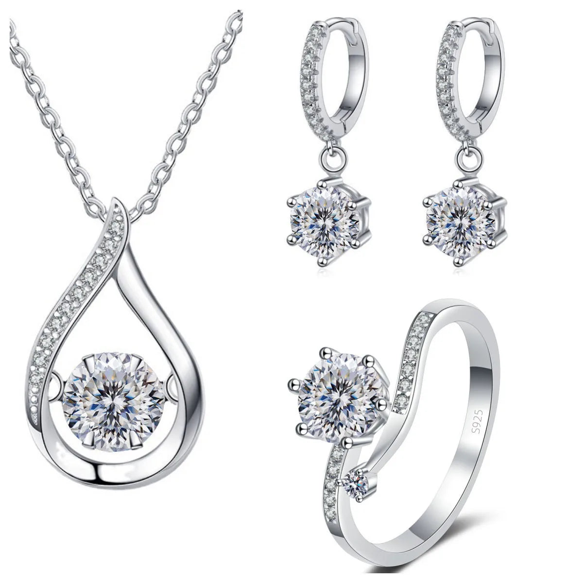 S&S 925 Silver 1CT VVS Moissanite Jewellery Set | Water Drop Necklace, Earrings & Ring | 20 Colours