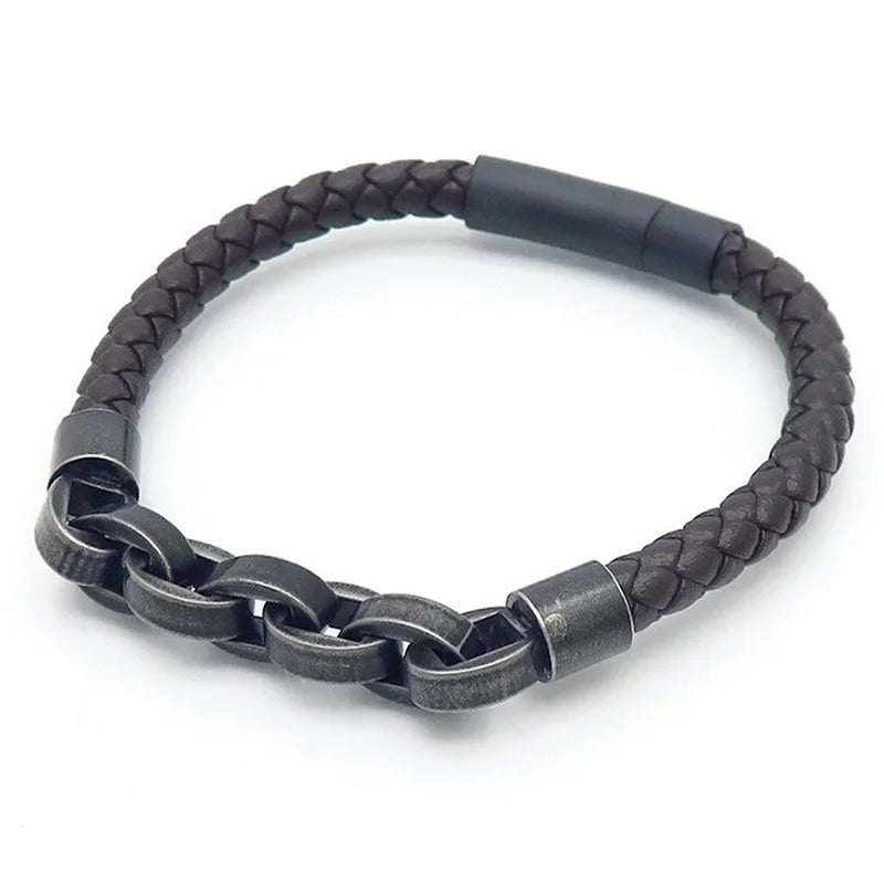 KALEN 210mm Men Vintage Multiple Style Stainless Steel&Cowhide Leather Bracelets