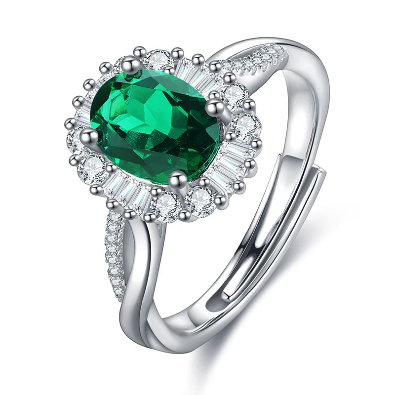 Gemfiori 100% 925 Silver Oval Emerald Stone Promise Ring With Small White Cz Diamonds for Her