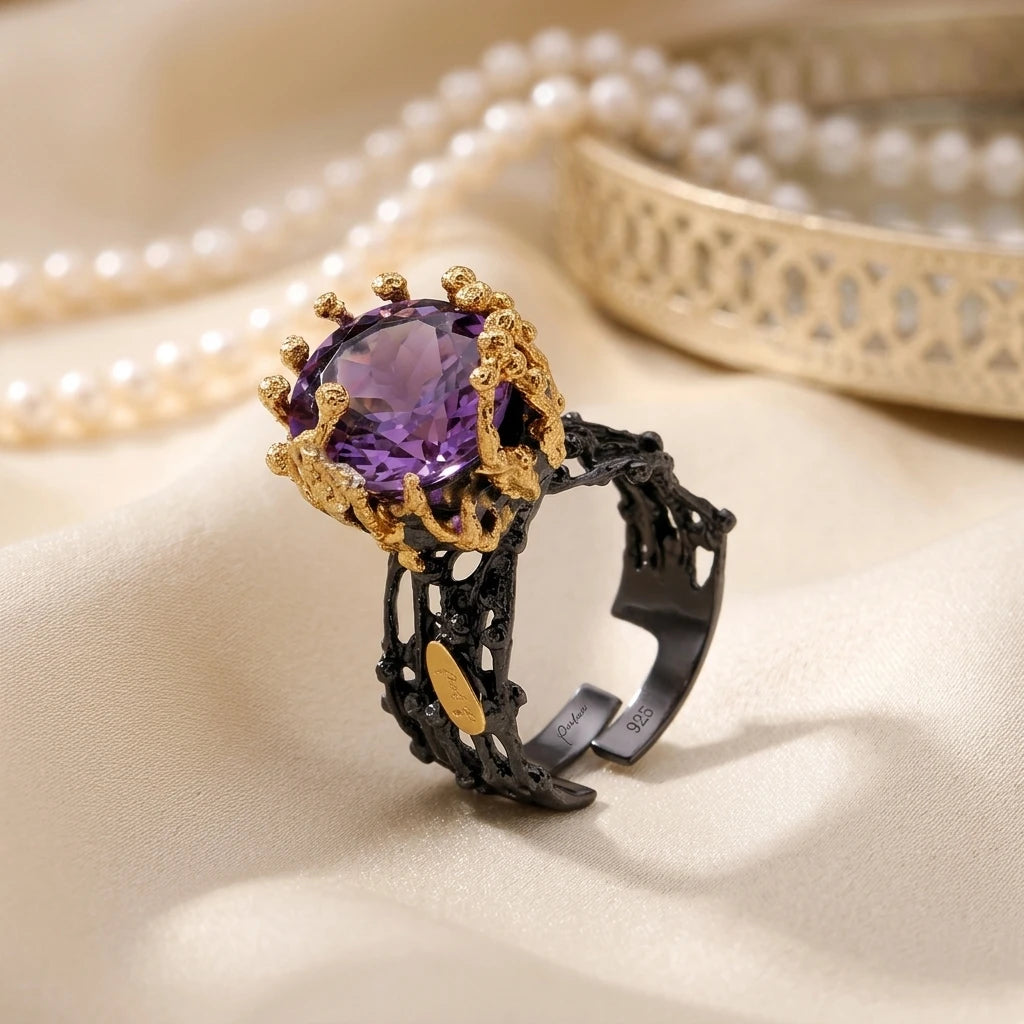 Handmade Sun Design Big Amethyst 925 Sterling Silver Ring