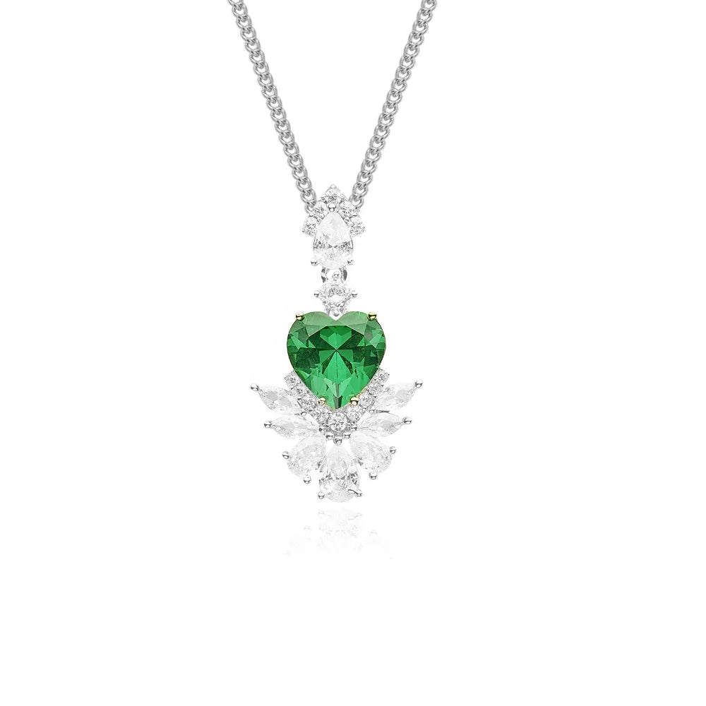 Brass Green Necklace Earrings Heart-shaped Green Zircon Jewelry Set Engagement Jewelry Simple and Fashionable
