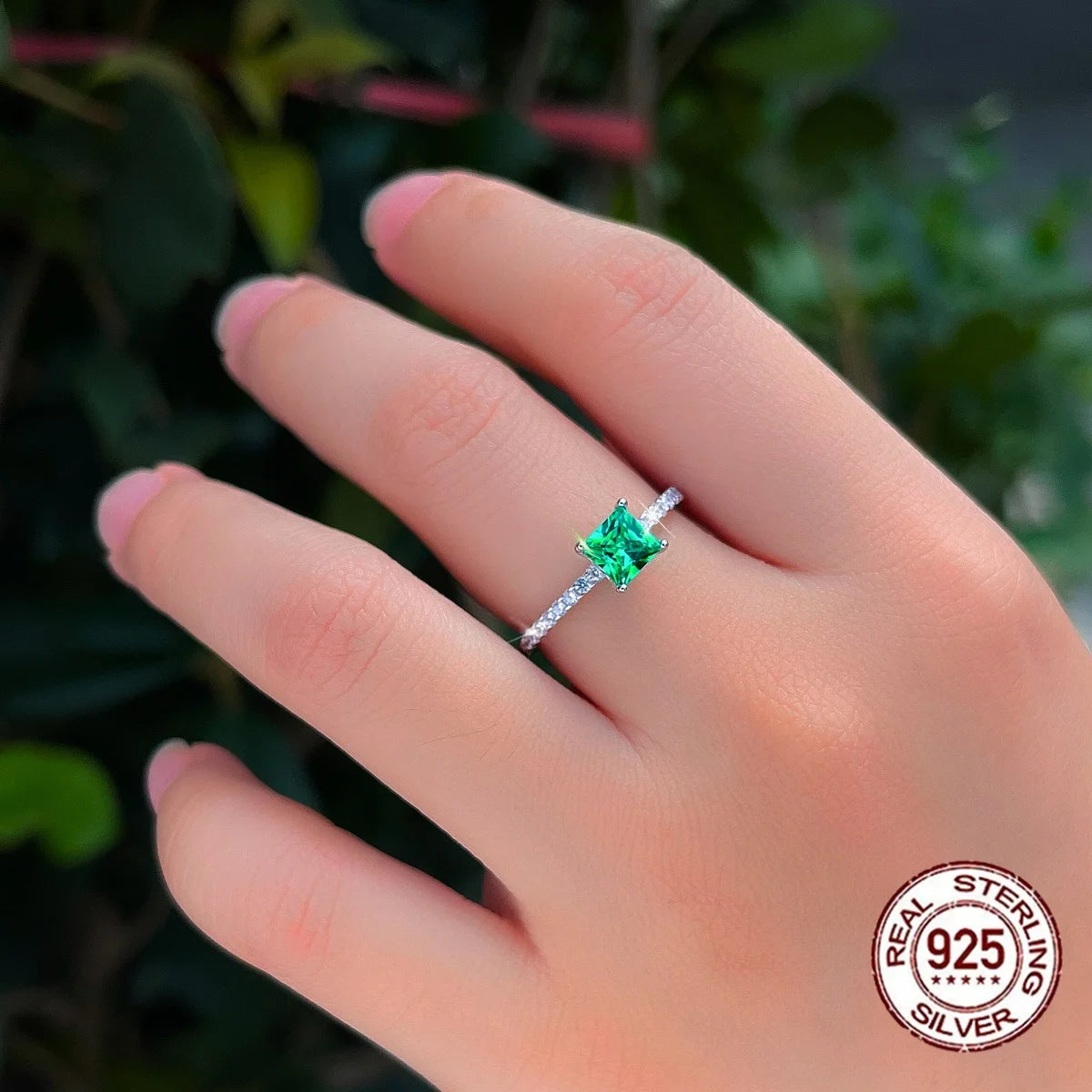 S&S 925 Sterling Silver 5mm Emerald-Cut Green CZ Engagement Ring – Rhodium Plated – Collection