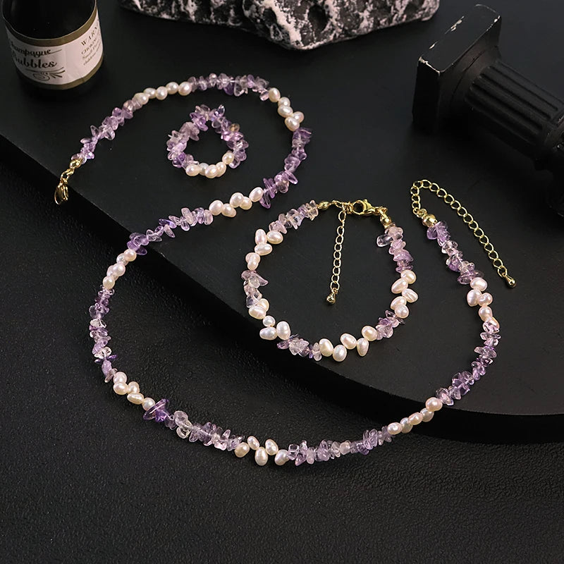 Natural Freshwater Pearl  Amethyst Jewelry Set for Women Daily Wear Wedding Pearl Dainty Jewelry Set Bohemian Style Jewelry