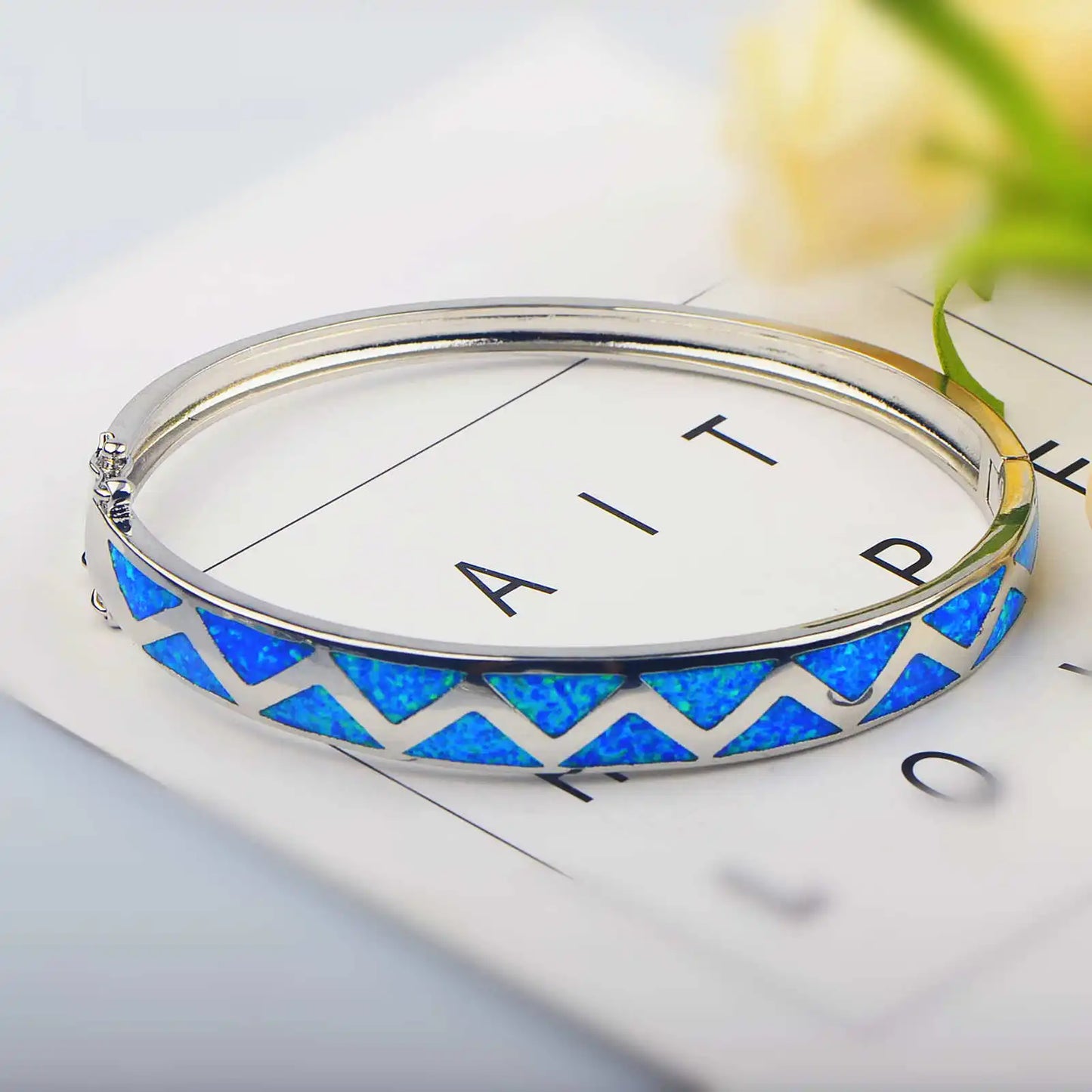 pink  Opal Bangle Aobao Geometric Inlaid Silver Tone Fashion Jewelry