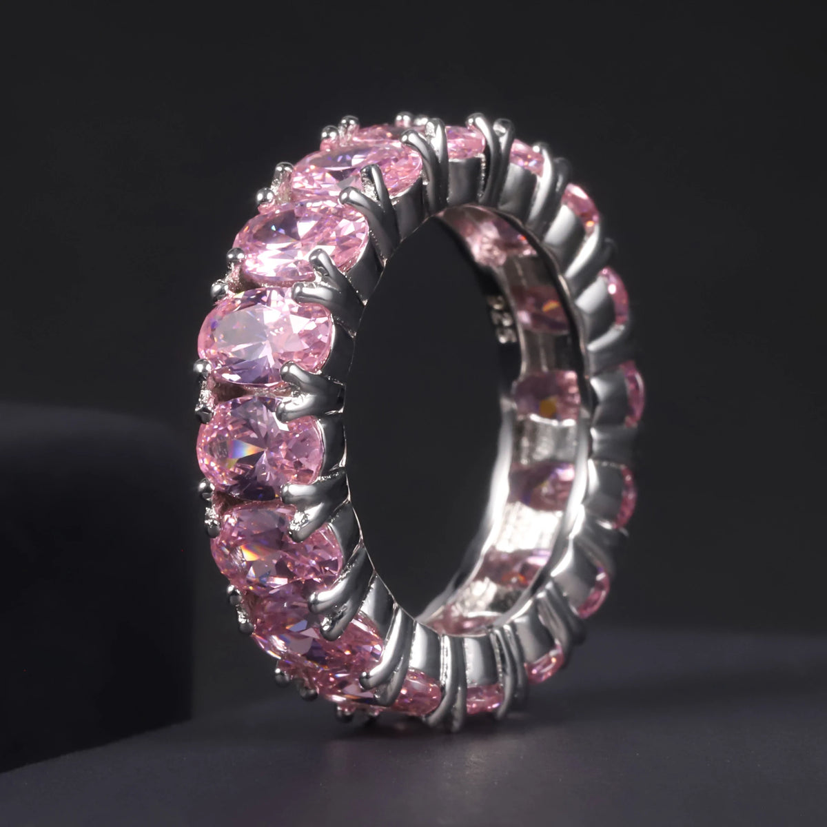 ArtistA C7530 Abiding Oval 4*6MM Colored Gemstone Eternity Band Glass Blue Sapphire Emerald Cubic Zirconia 925 Silver Band Ring