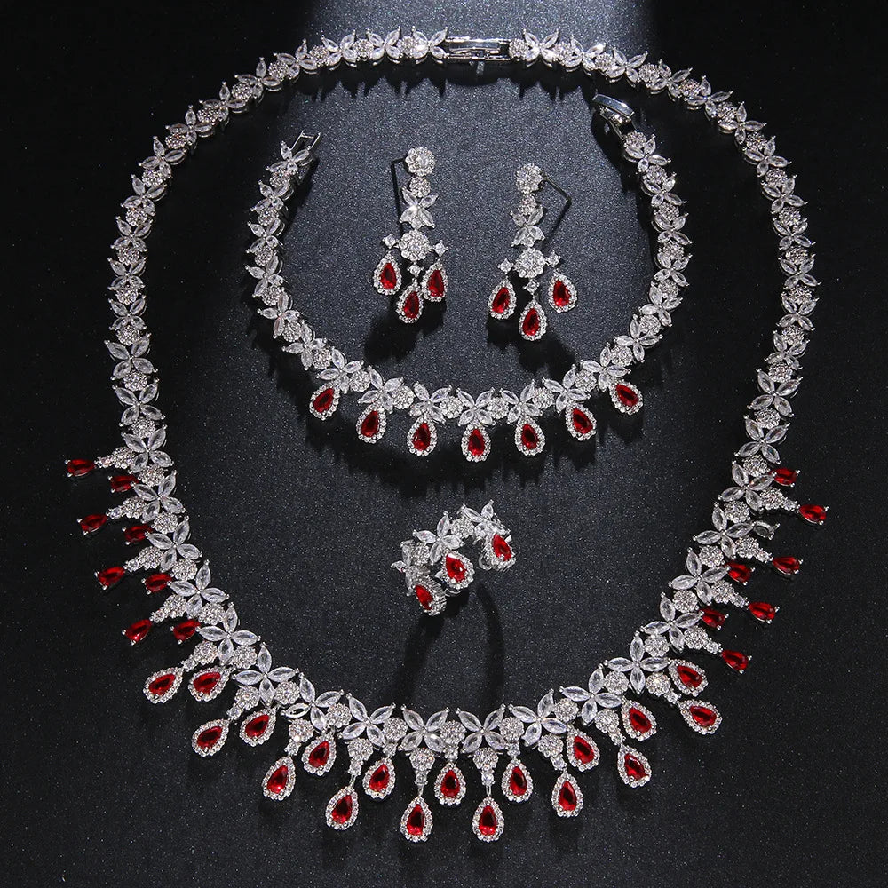 Luxury Pear-Cut Zirconia Teardrop Floral 4-Piece Necklace, Earrings, Ring & Bracelet Bridal Set — Rhodium Plated