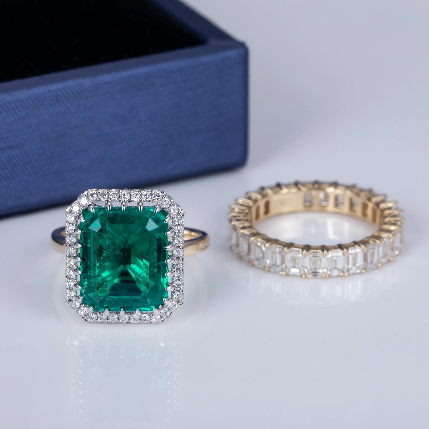 Messi Gems 18k Yellow Gold 10ct Lab Emerald Emerald Cut Moissnaite  Diamond Ring Set