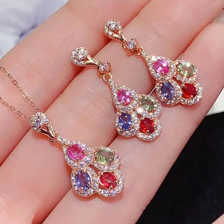 Luxury Wedding Gift Cube Zircon 925 Silver Jewelry Set for Women Pink Sapphire Bridal Earrings  Pendants Necklace