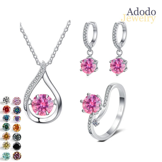 S&S 925 Silver 1CT VVS Moissanite Jewellery Set | Water Drop Necklace, Earrings & Ring | 20 Colours