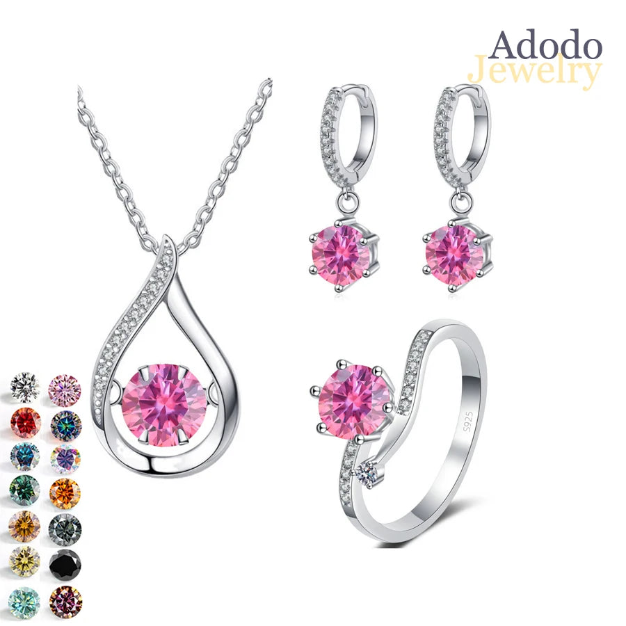 ArtistA SPECIAL001Simple and Elegant Round Cut 1CT VVS GRA Multi Colored Moissanite Jewelry Set 925 Silver Water Drop Necklace Earrings Ring Set