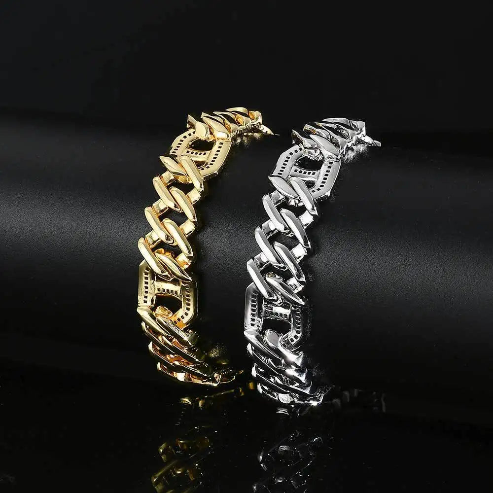 REBEL 15mm 9inch Mens Hip Hop Jewelry 18k Gold Plated Zirconia Iced Out Cuban Bracelet