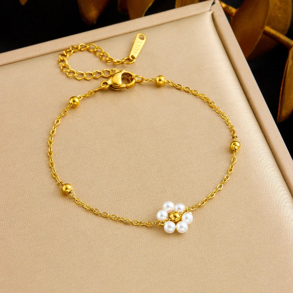 Gold White Flower & Pearl Necklace, Earrings & Bracelet Jewellery Set | Fashion Set