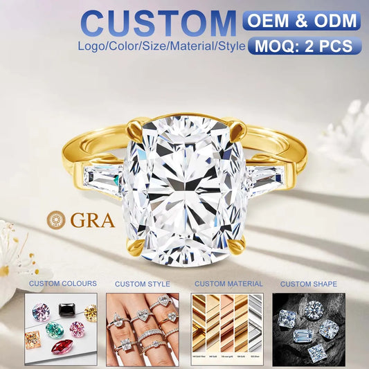 Gioiellieri Fine Jewelry Supplier Woman Engagement Wedding Gift Hollow 14K Gold Diamond 8ct Cushion 3 Stone Moissanite Rings