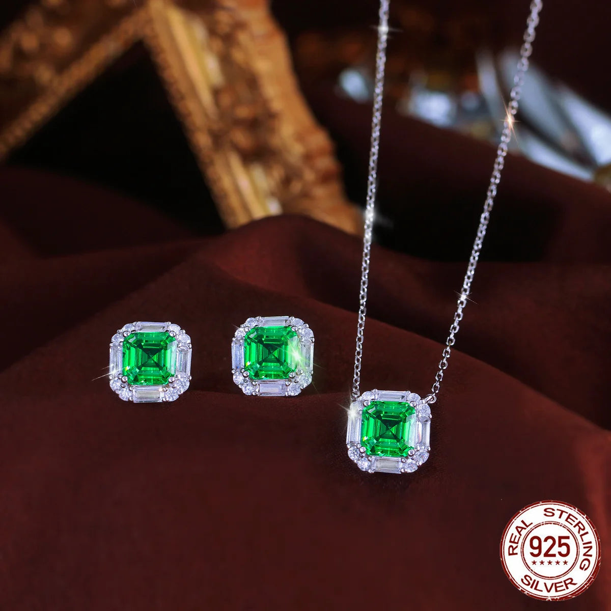 S&S 925 Silver Rhodium Plated Green Zircon Flower Pendant Necklace & Earring Set – Collection