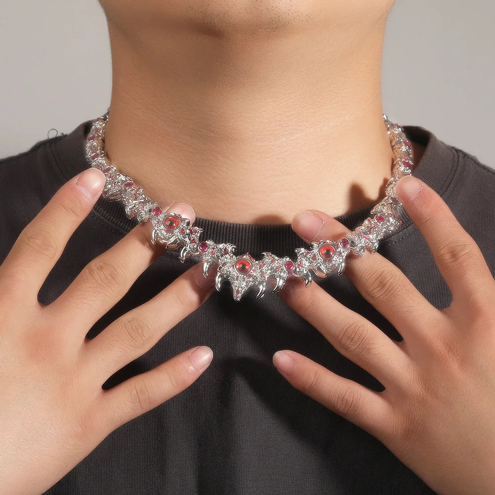 Exaggerated Red Evil Eye Unique Necklace Gothic Punk Style Spike Thorn Chain Collar Hip Hop Necklace Unisex