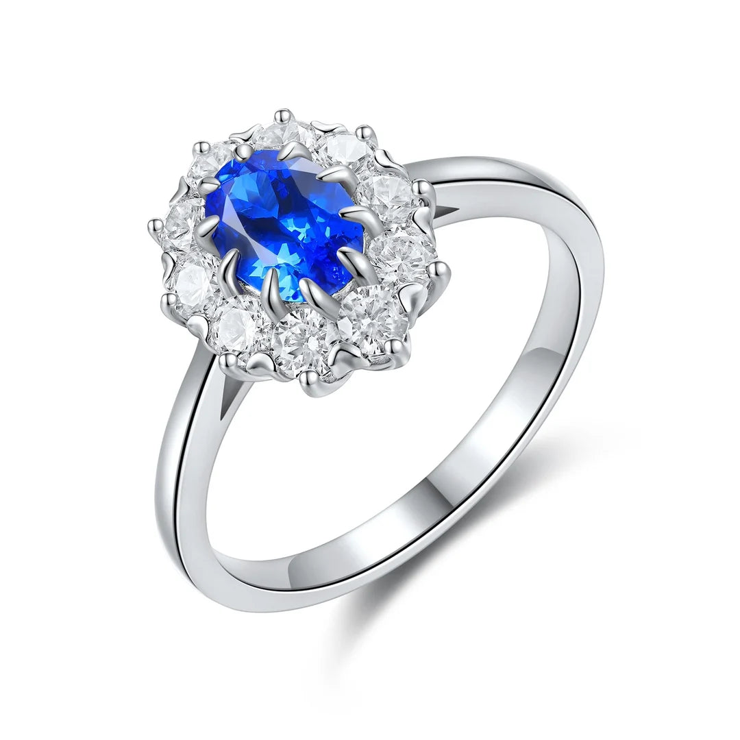 Gemfiori S925 Silver Cultured Cobalt Spinel Ring Main Stone: 0.95CT Side Stones: 1.105CT Weight: 3.17g
