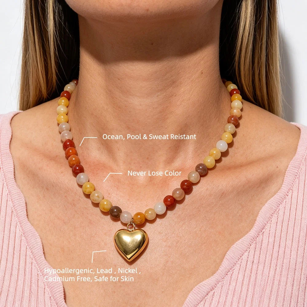Joolim PVD Plated Wholesale Waterproof Chunky Fashion Boho Beaded Natural Stone Heart Pendant Necklace Stainless Steel Jewelry
