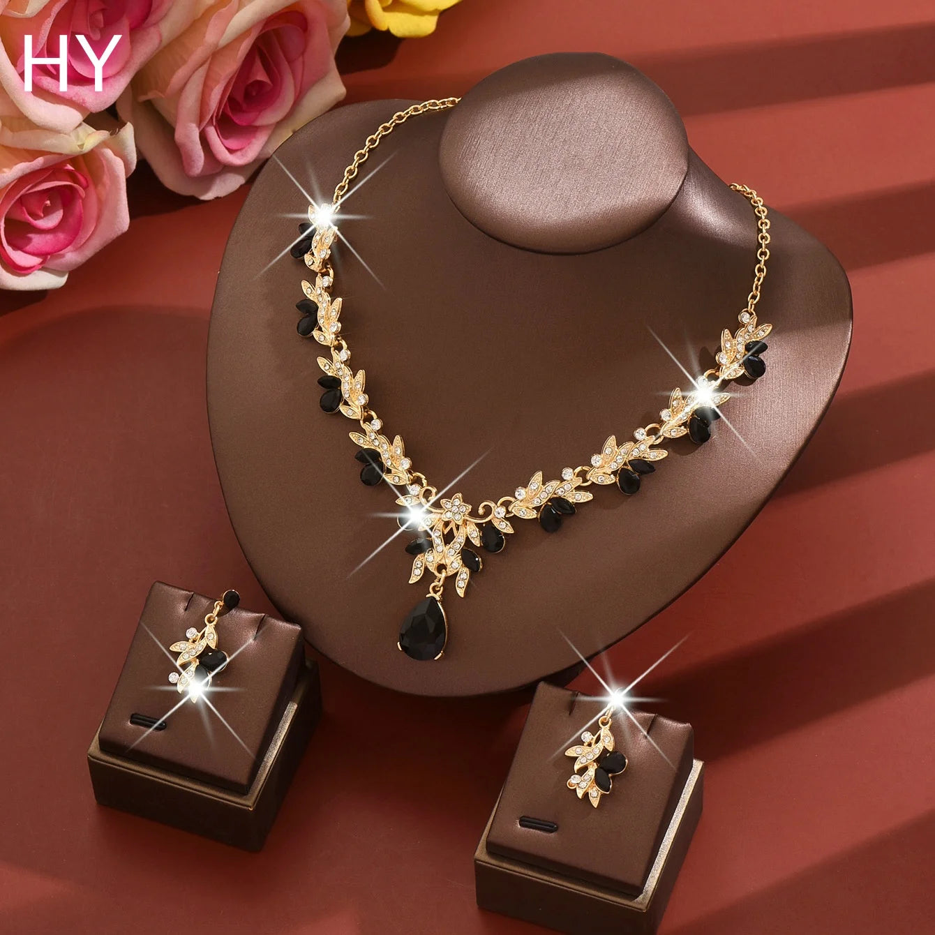 HY Women's Fashion Gold-Plated Bridal Jewelry Sets Rhinestone Crystal Wedding Necklaces Earrings for Parties Engagements Wedding