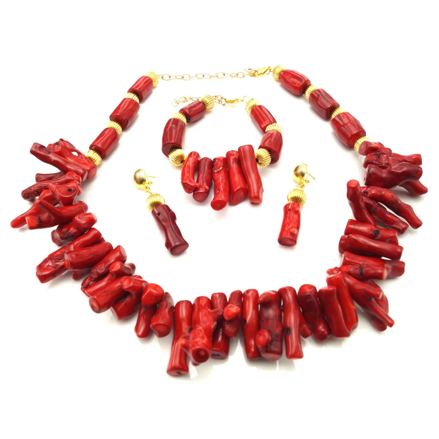Zhuerrui Luxurious Red Coral Bead Design Sets Nigerian Women Like Gold Accessories Bracelet Set Irregular Cut Jewelry HF17041303