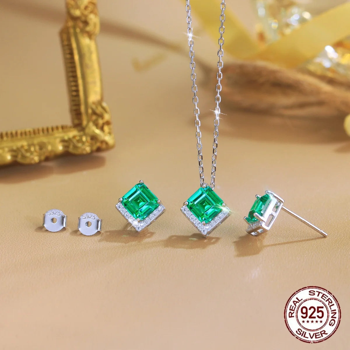 Princess Cut Emerald Green CZ Halo Necklace and Earrings 925 Sterling Silver Jewelry Set for Women Zirconia Bridal Jewelry Gifts
