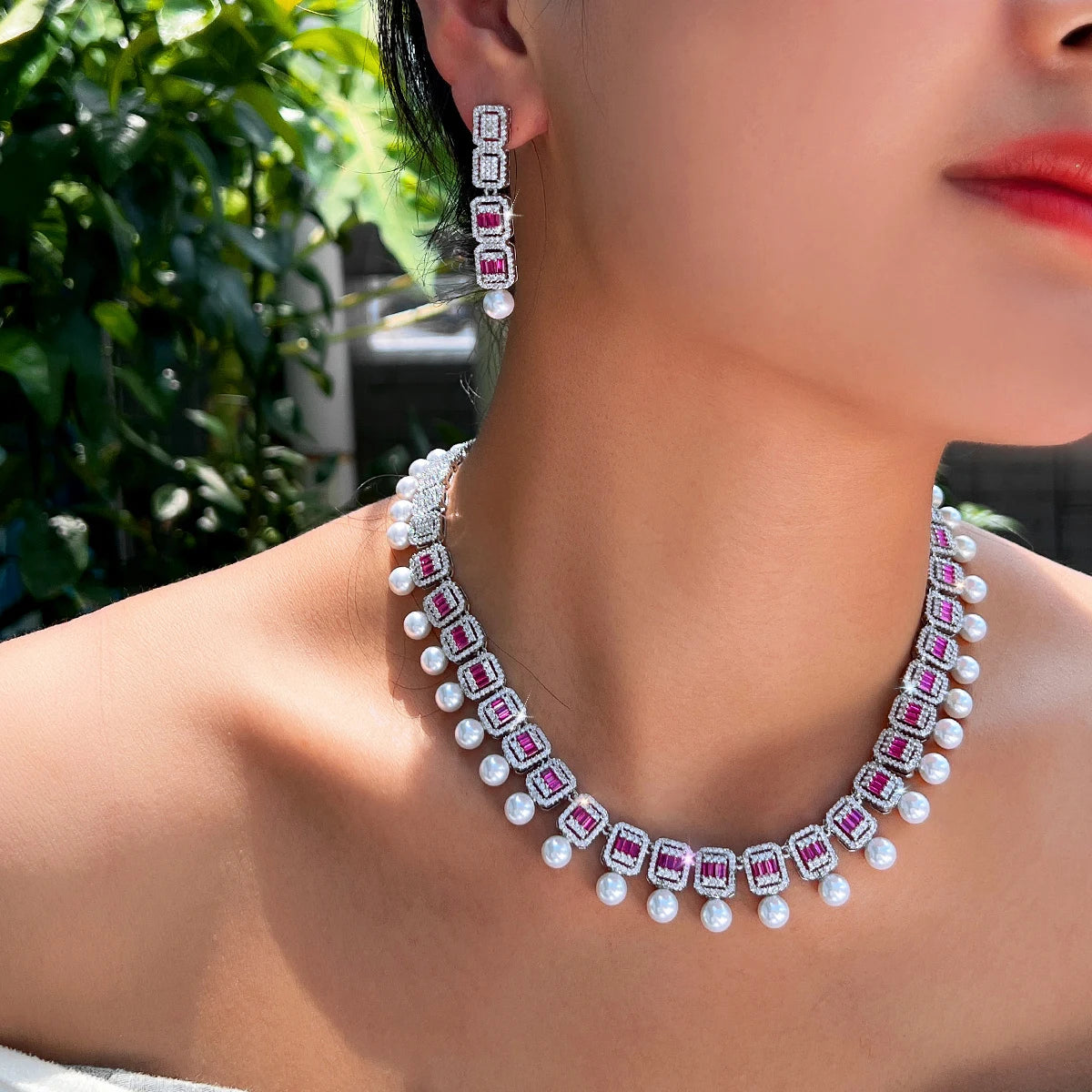 Women Glamorous Necklace and Earrings Red Cubic Zirconia Bridal Pearl Jewelry Set for Anniversaries Engagement Wedding Jewellery