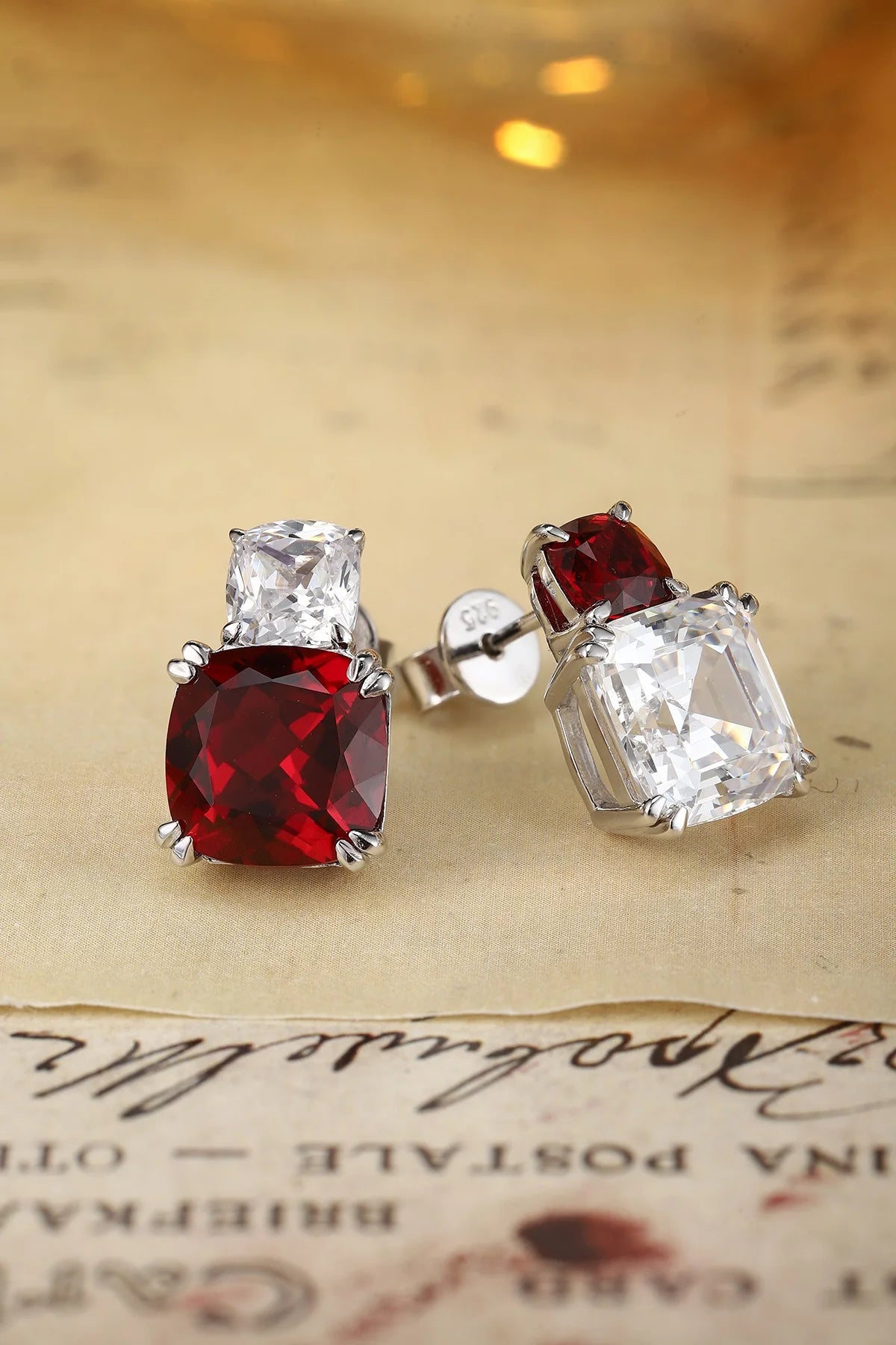 Gemfiori High Quality S925 Silver Lab Grown Ruby Cushion Cut Earring Stud Dainty Gemstone Stud Earrings for Women Daily Wear Gift