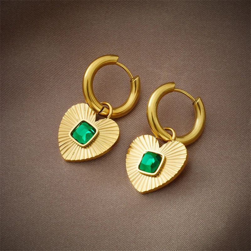 Gold Green Crystal Heart Necklace & Earrings Jewellery Set | Bold Romance Fashion Set