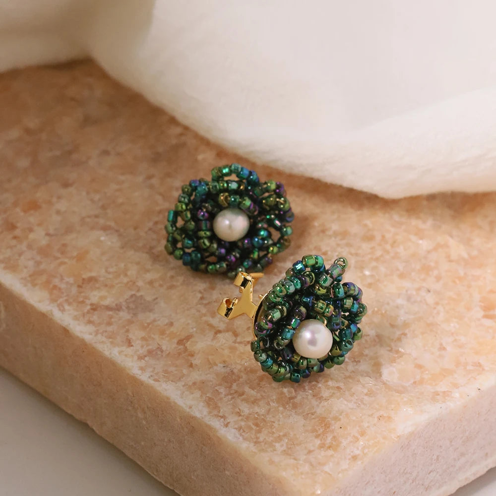 Natural Freshwater Pearl Green Glass Earrings Earring for Woman Korean Fashion Style Vintage Personality Lady Jewelry