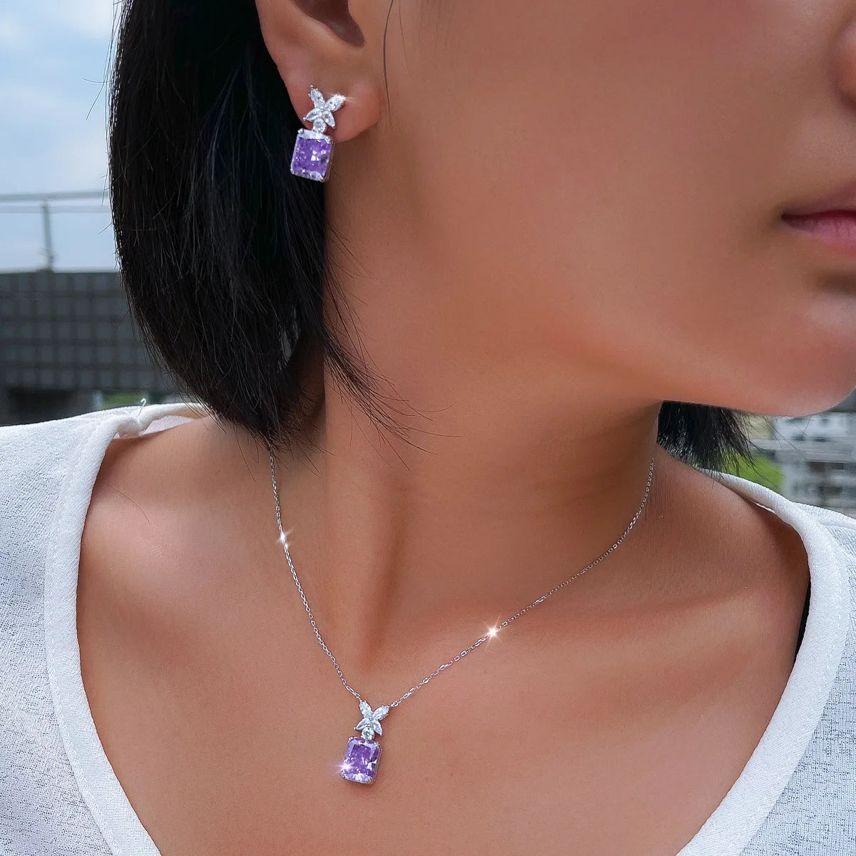 S&S 925 Silver Purple CZ Iced Out Necklace & Earrings Set – Radiant Cut – Rhodium Plated – Collection