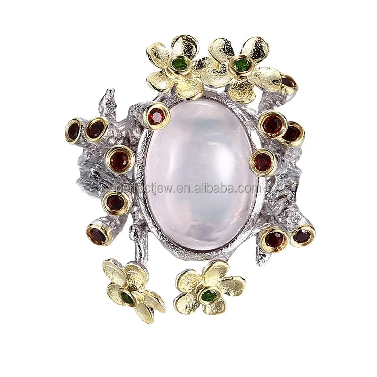 Flower Design Pink Quartz Main Stone 925 Sterling Silver Jewelry Ring for Women