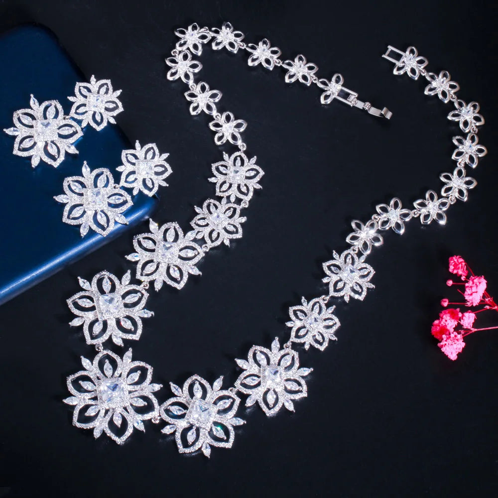Newest Luxury Bridal Jewelry Sets Brilliant Big Flower Green 3A CZ Necklace Dangle Earring Banquet Wedding Dress Accessories