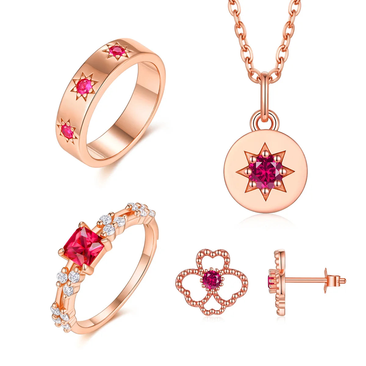 S&S 925 Silver Red Corundum Jewellery Set | Rose Gold Plated | Ring, Necklace & Earrings | GRA Certified