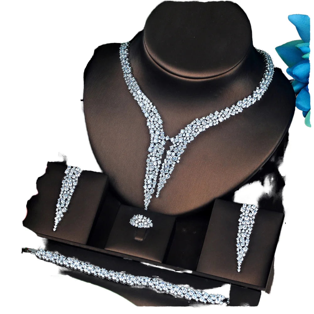 Dubai Brilliant CZ Heave Crystal Necklace Earrings Set 4Pcs Luxury Silver Women's Jewelry Dinner Party Wedding Bridal Gift