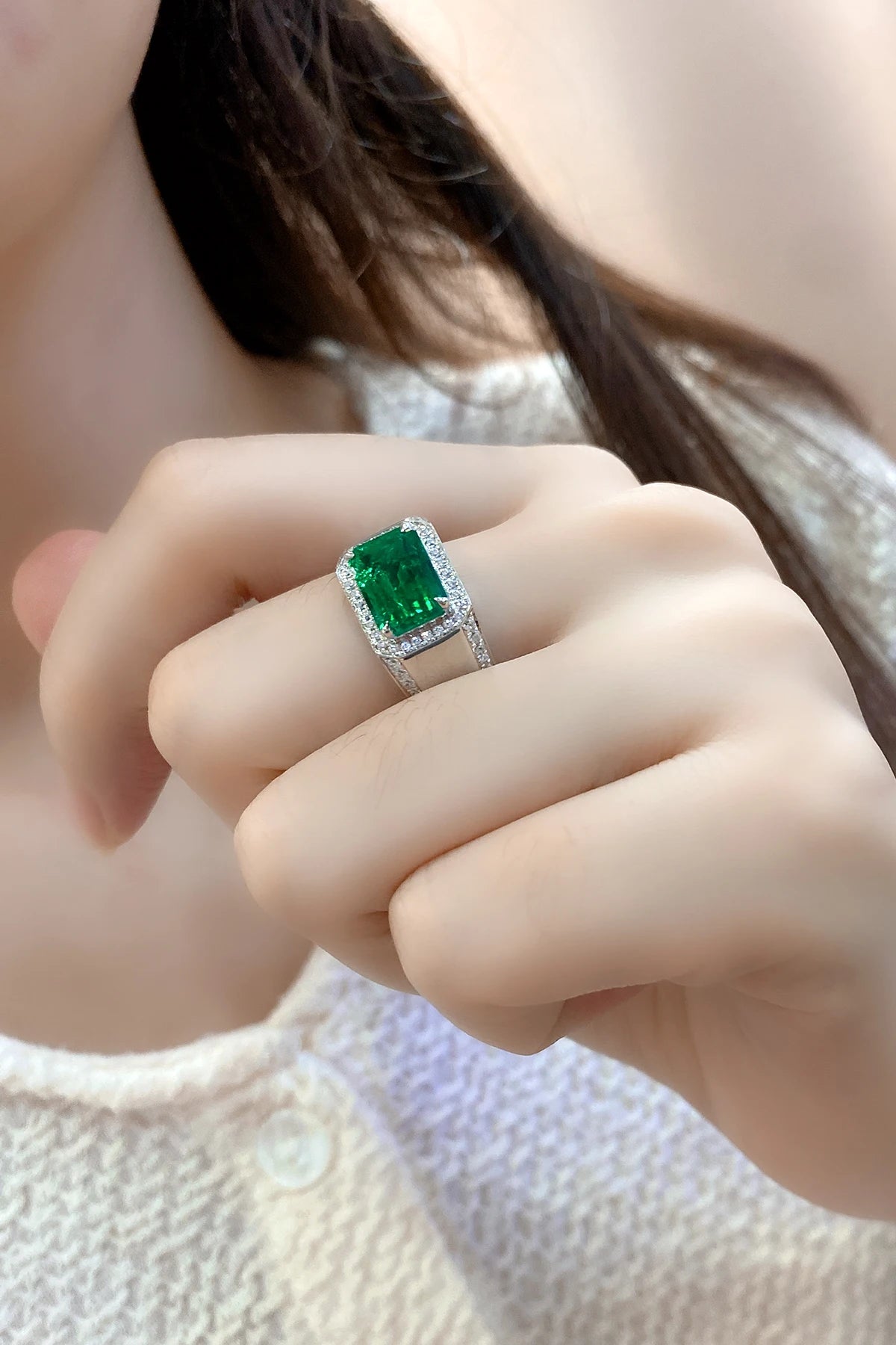 Gemfiori 925 Sterling Silver Man Ring Lab Grown Emerald Stone Emerald Cut Mens Ring for Christmas Gift
