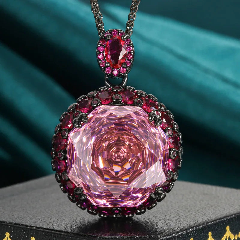 REDheart Fashion Brass Inlaid Zircon 18K Gold Plated Flower Design Black Opening Ring Women's Luxury Green Light Pendant Necklace Set