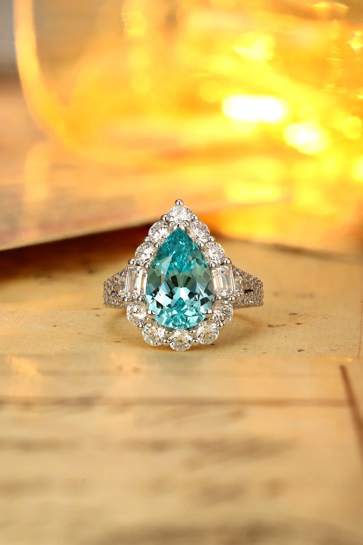 Gemfiori Vintage Lab Grown Paraiba Engagement Ring Sterling Silver 925 Rhodium Plated Pear Cut Wedding for Her Men's Anniversary Party