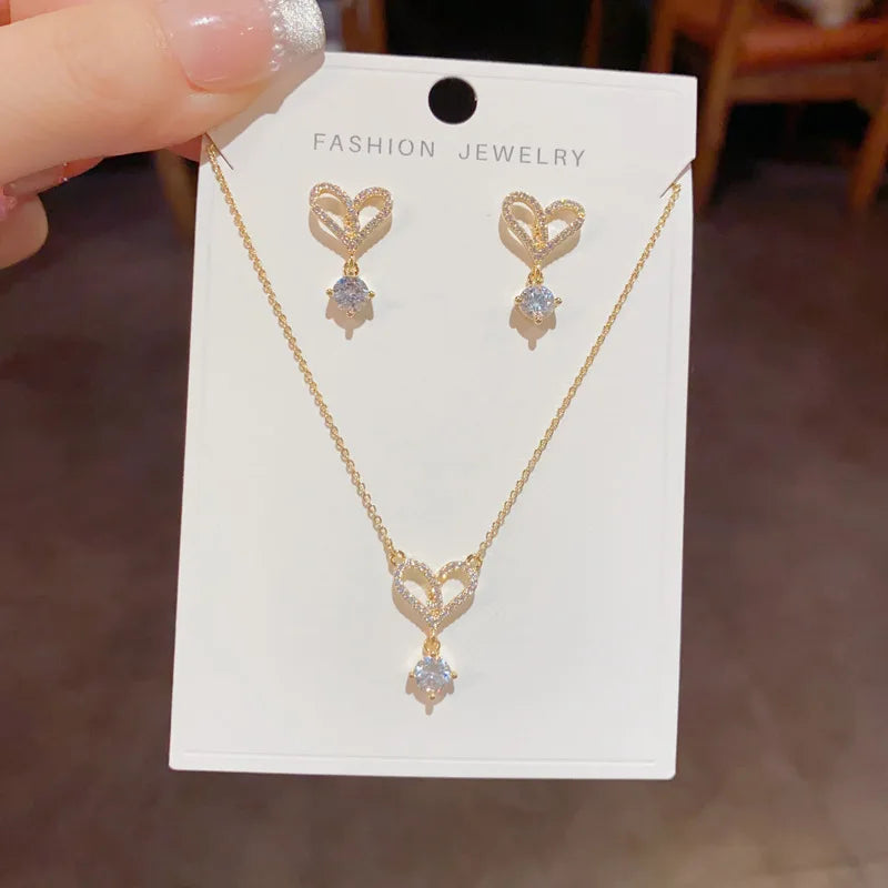 High Quality Fashion Luxury Heart Zircon Necklace and Earrings Set Classic Real Gold Plated Jewelry Set for Women